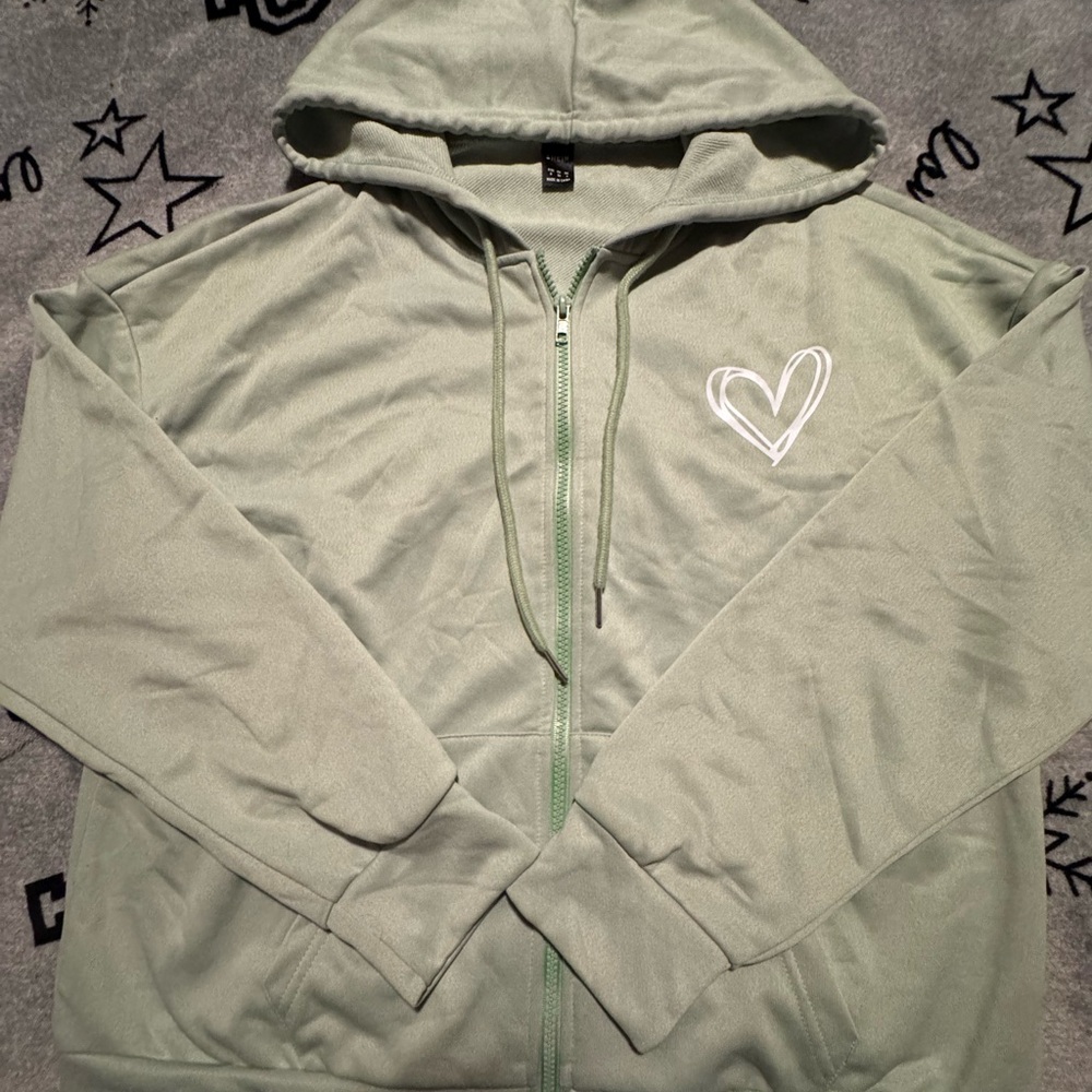 Sage Green Zipper Hoodie with Heart Design